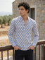 RAY LIGHT Men's Heritage Geometric Print Cotton Short Kurta – Royal Blue & White