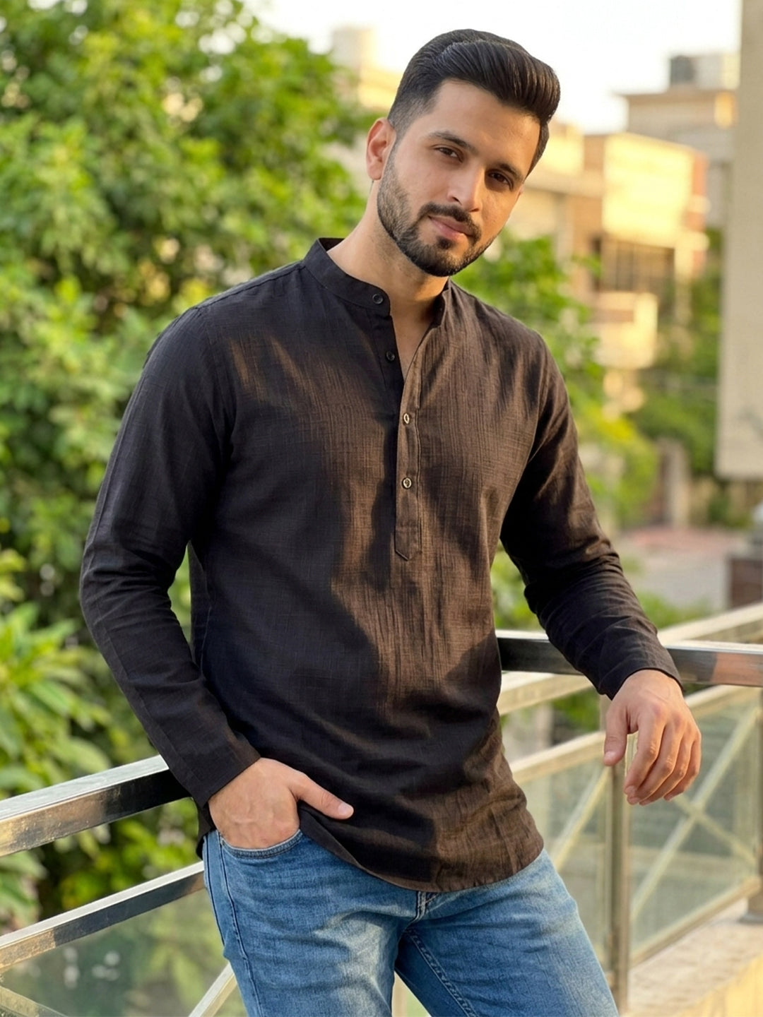RAY LIGHT Men's Essential Solid Cotton Short Kurta – Sand Beige with Cuffless Sleeves