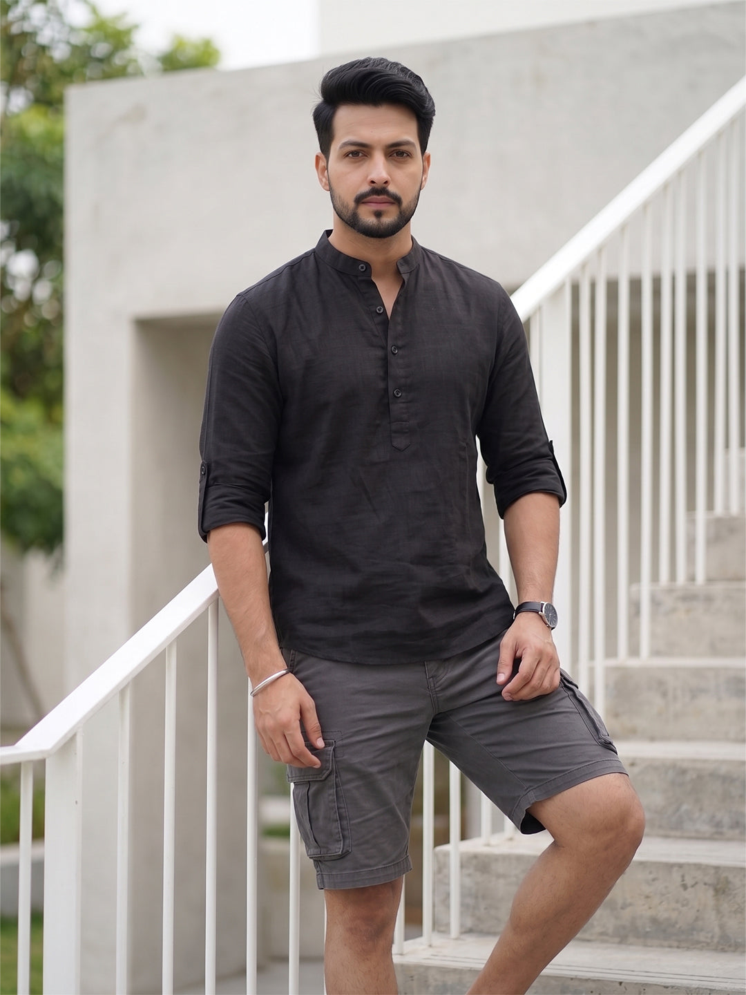 Men's Signature 100% Cotton Short Kurta | Mandarin Collar | RAY LIGHT