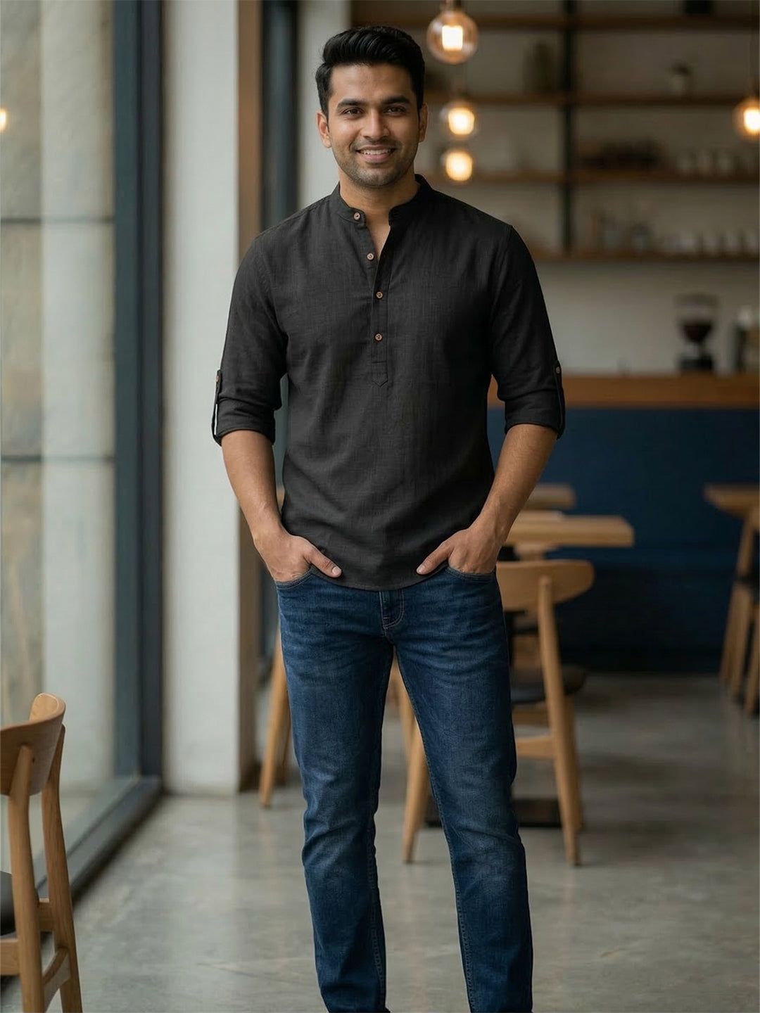 RAY LIGHT Men's 100% Cotton Solid Short Kurta – Mandarin Collar with Roll-Up Sleeves Secondary image