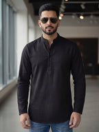 RAY LIGHT Men's Essential Solid Cotton Short Kurta – Sand Beige with Cuffless Sleeves