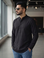 RAY LIGHT Men's Essential Solid Cotton Short Kurta – Sand Beige with Cuffless Sleeves