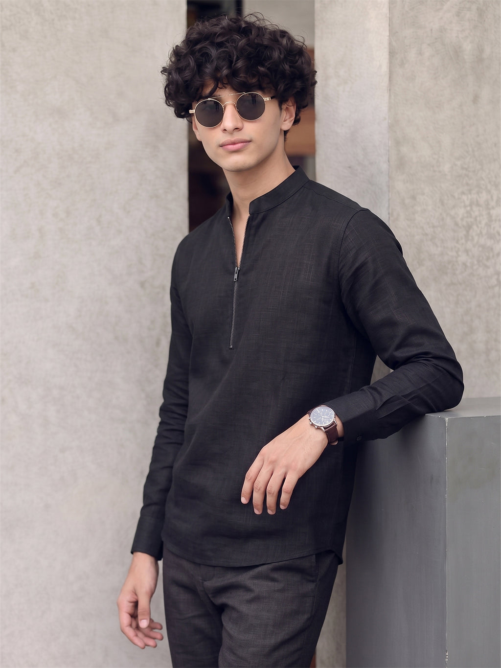 RAY LIGHT Men's Modern Zip-Neck Solid Cotton Short Kurta – Rust Brown