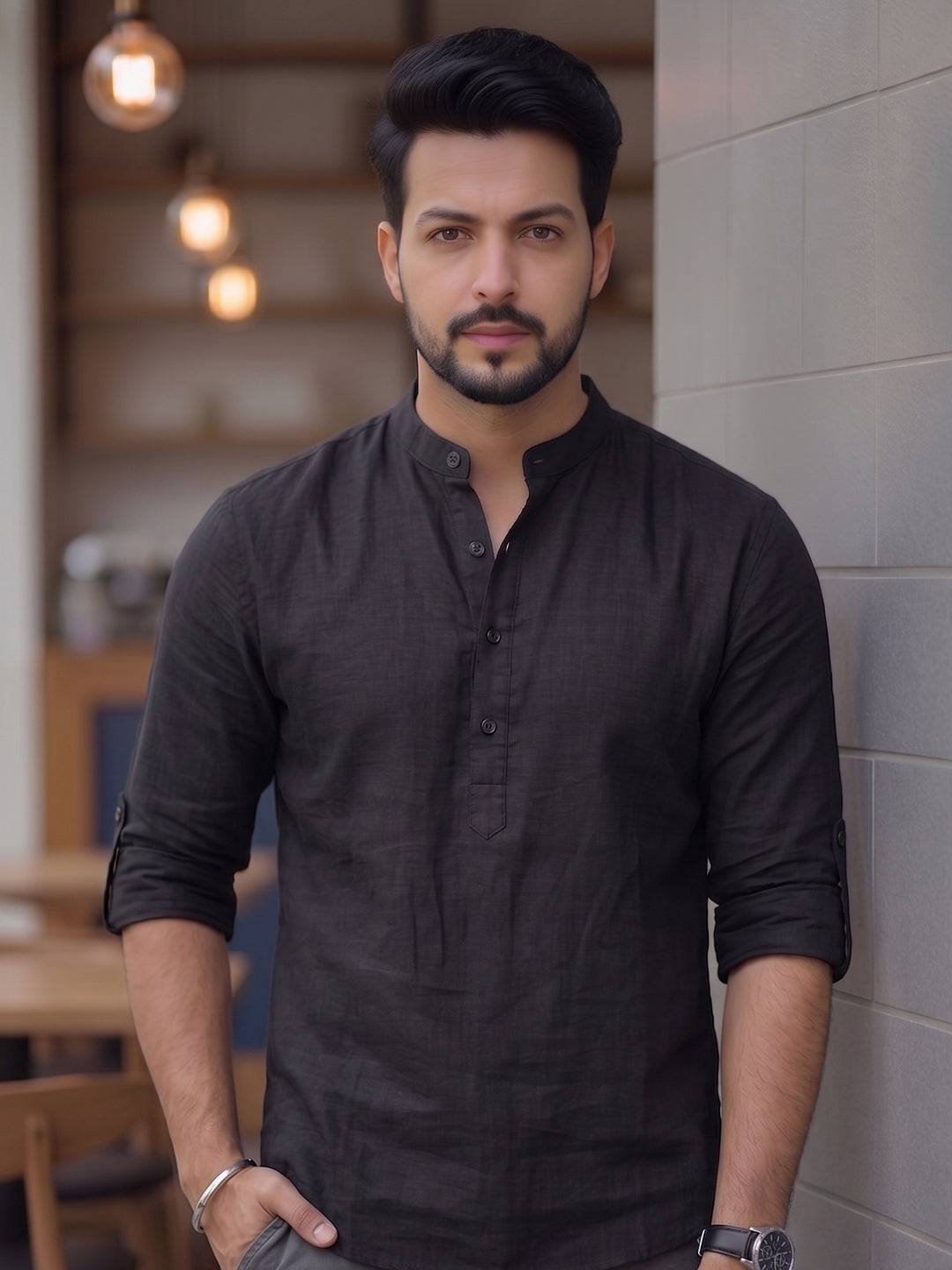Men's Signature 100% Cotton Short Kurta | Mandarin Collar | RAY LIGHT