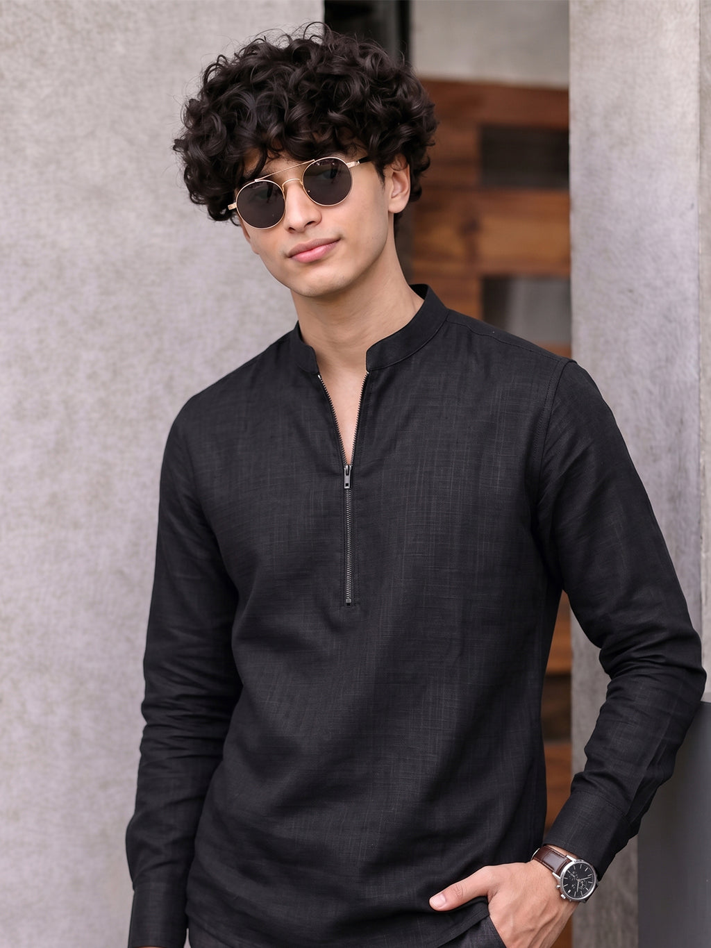 RAY LIGHT Men's Modern Zip-Neck Solid Cotton Short Kurta – Rust Brown