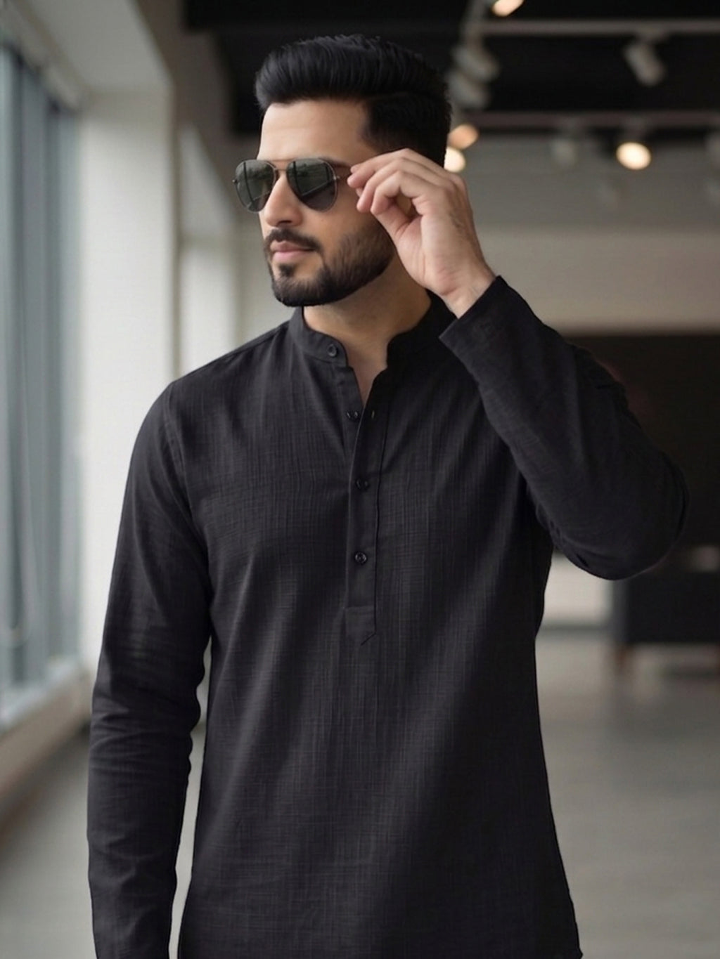 RAY LIGHT Men's Essential Solid Cotton Short Kurta – Sand Beige with Cuffless Sleeves