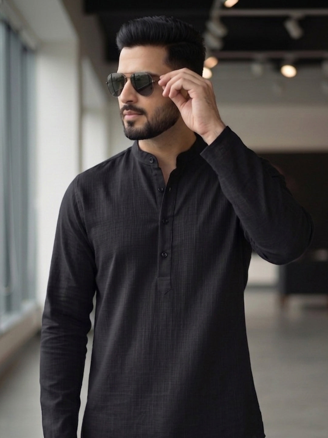RAY LIGHT Men's Essential Solid Cotton Short Kurta – Sand Beige with Cuffless Sleeves