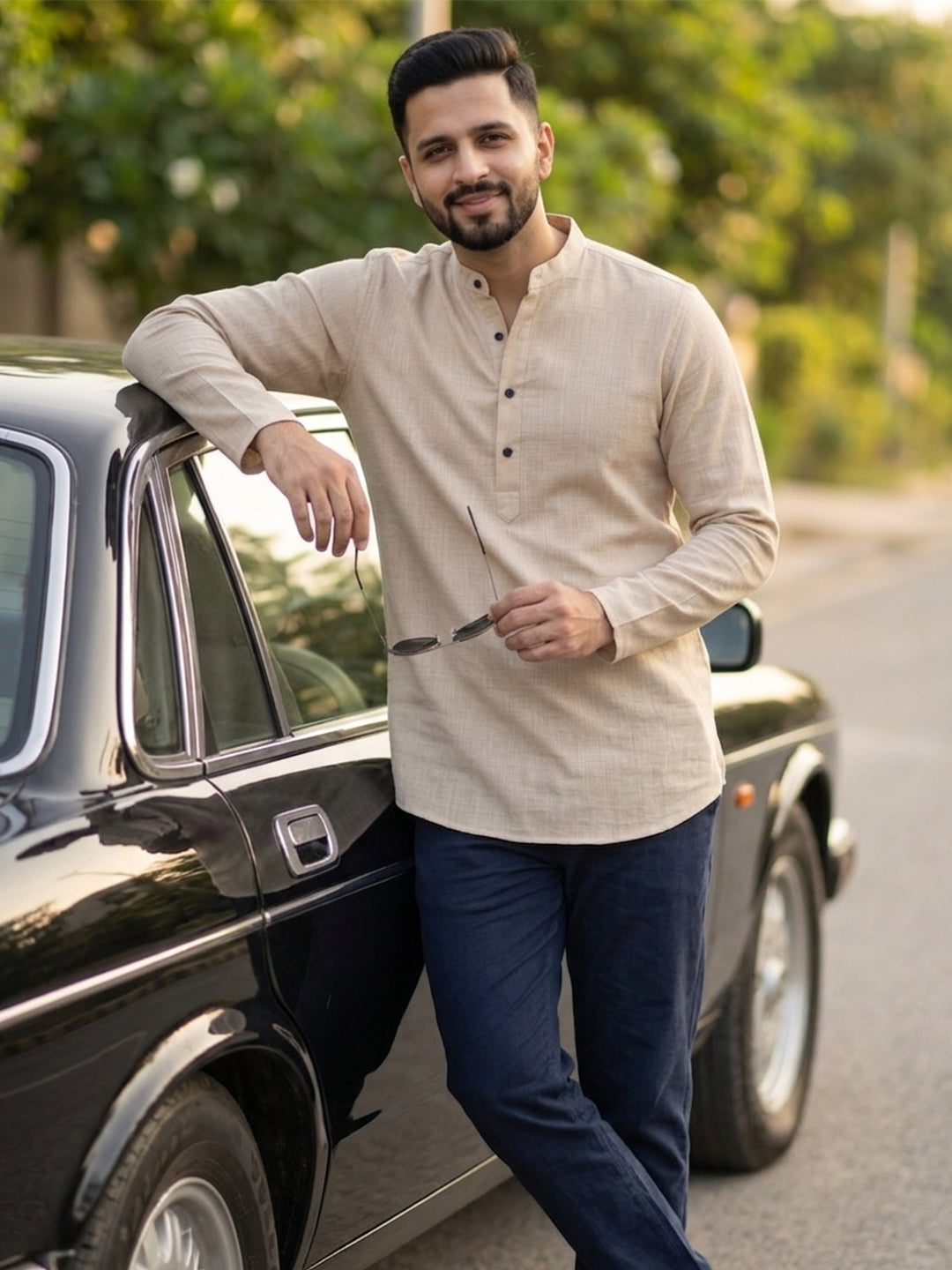 RAY LIGHT Men's Essential Solid Cotton Short Kurta – Sand Beige with Cuffless Sleeves Main image