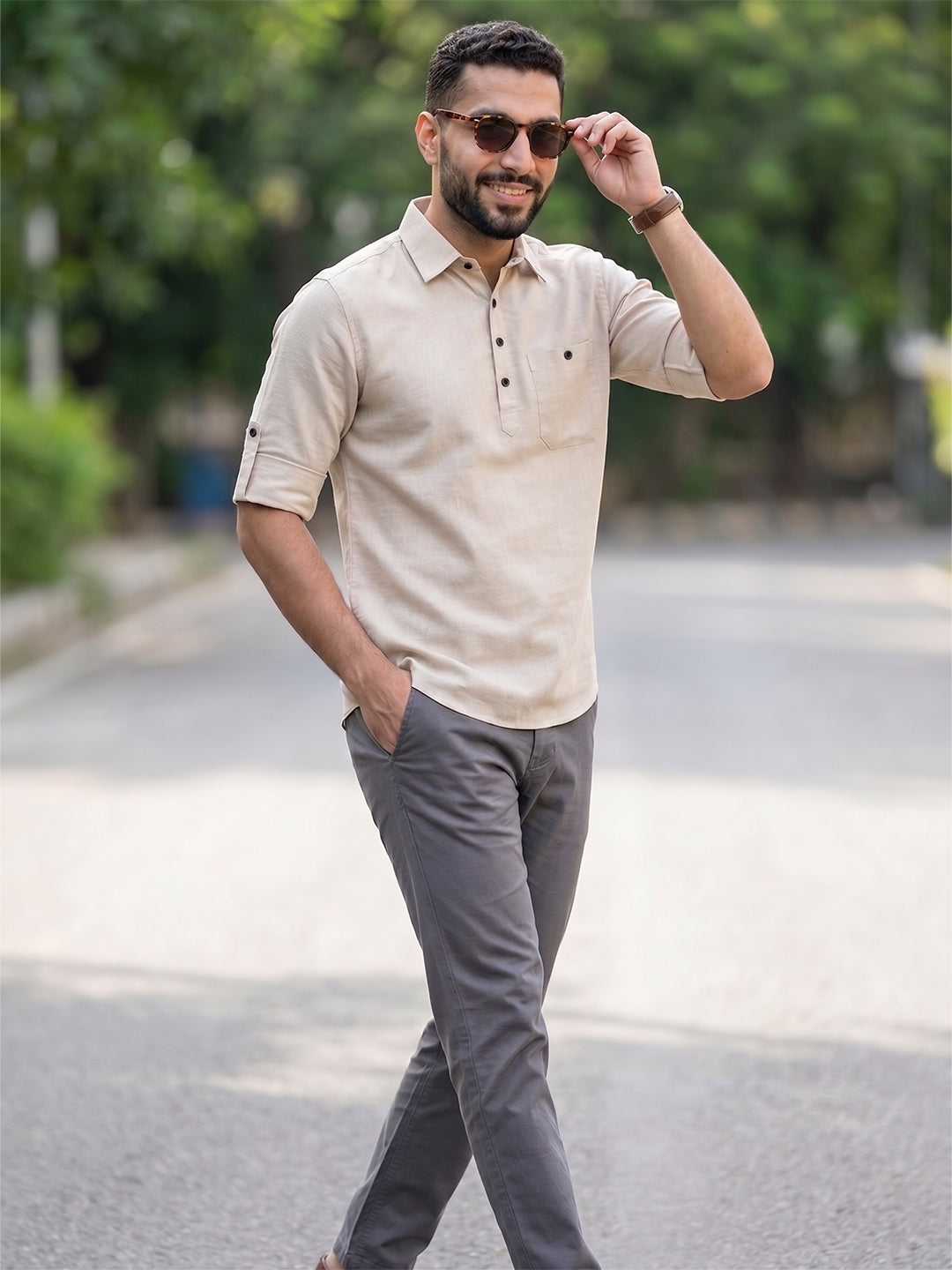 RAY LIGHT Men's Essential Solid Cotton Short Kurta – Black with Roll-Up Sleeves