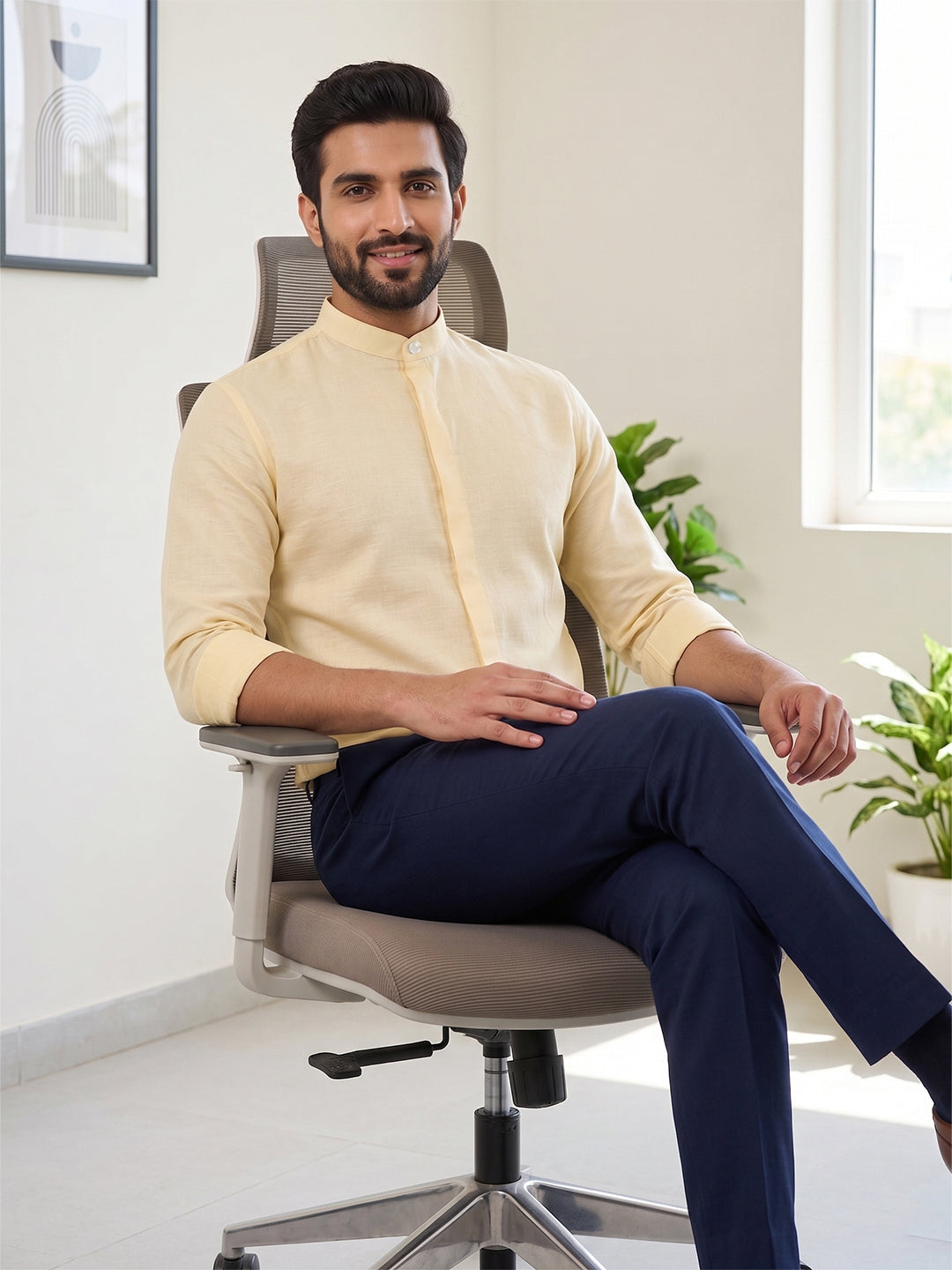 RAY LIGHT Men's Minimalist Solid Cotton Blend Shirt – Light Beige with Hidden Placket