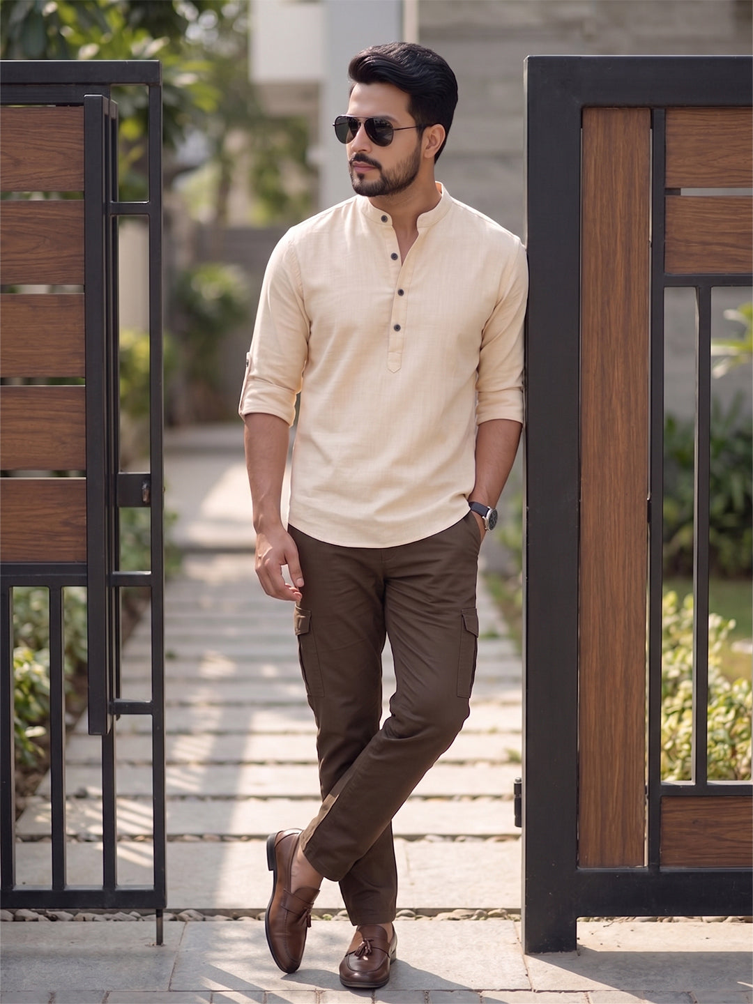 Men's Signature 100% Cotton Short Kurta | Mandarin Collar | RAY LIGHT Main image