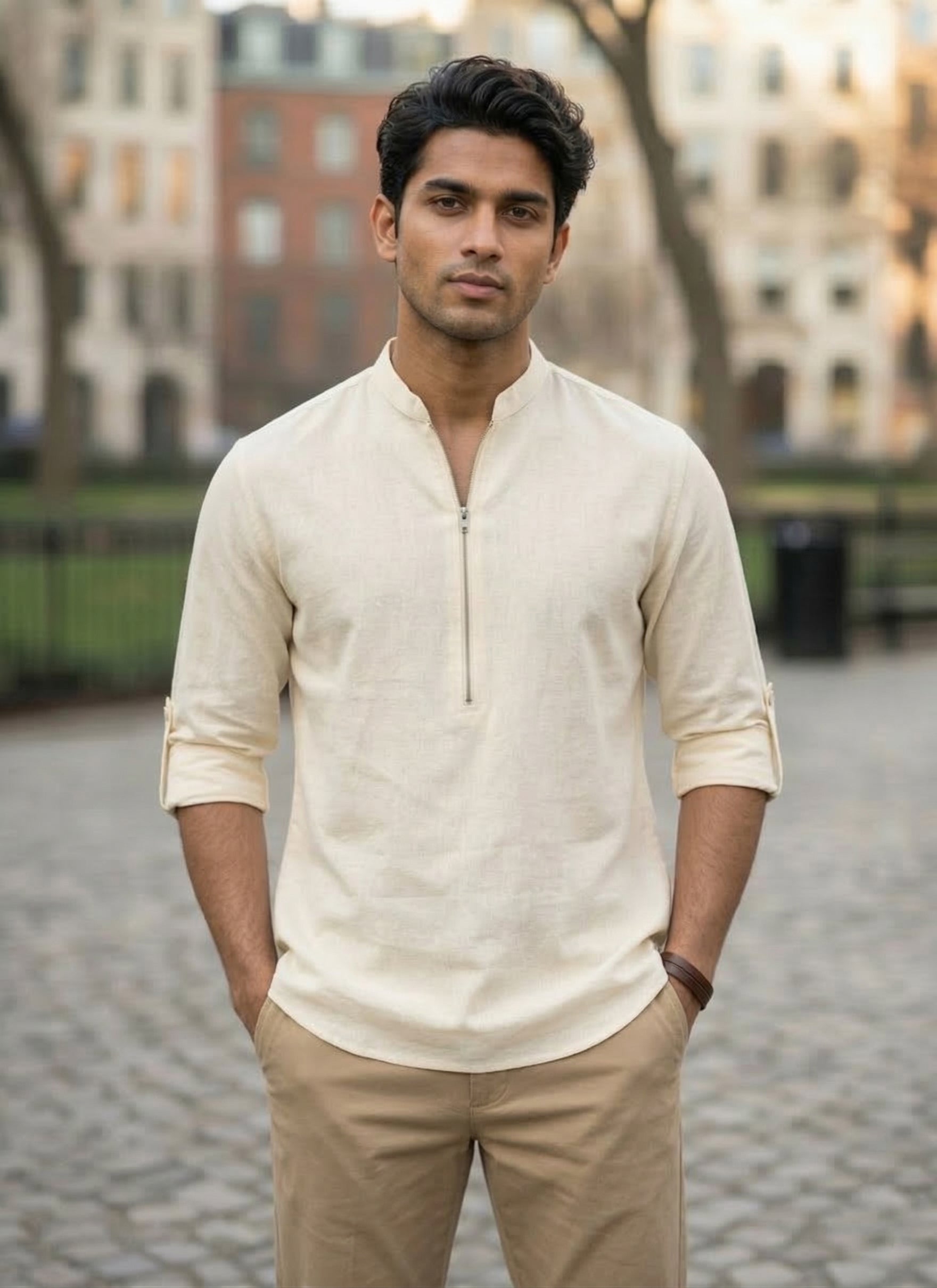 RAY LIGHT Men’s Beige 100% Cotton Zipper Short Kurta Secondary image