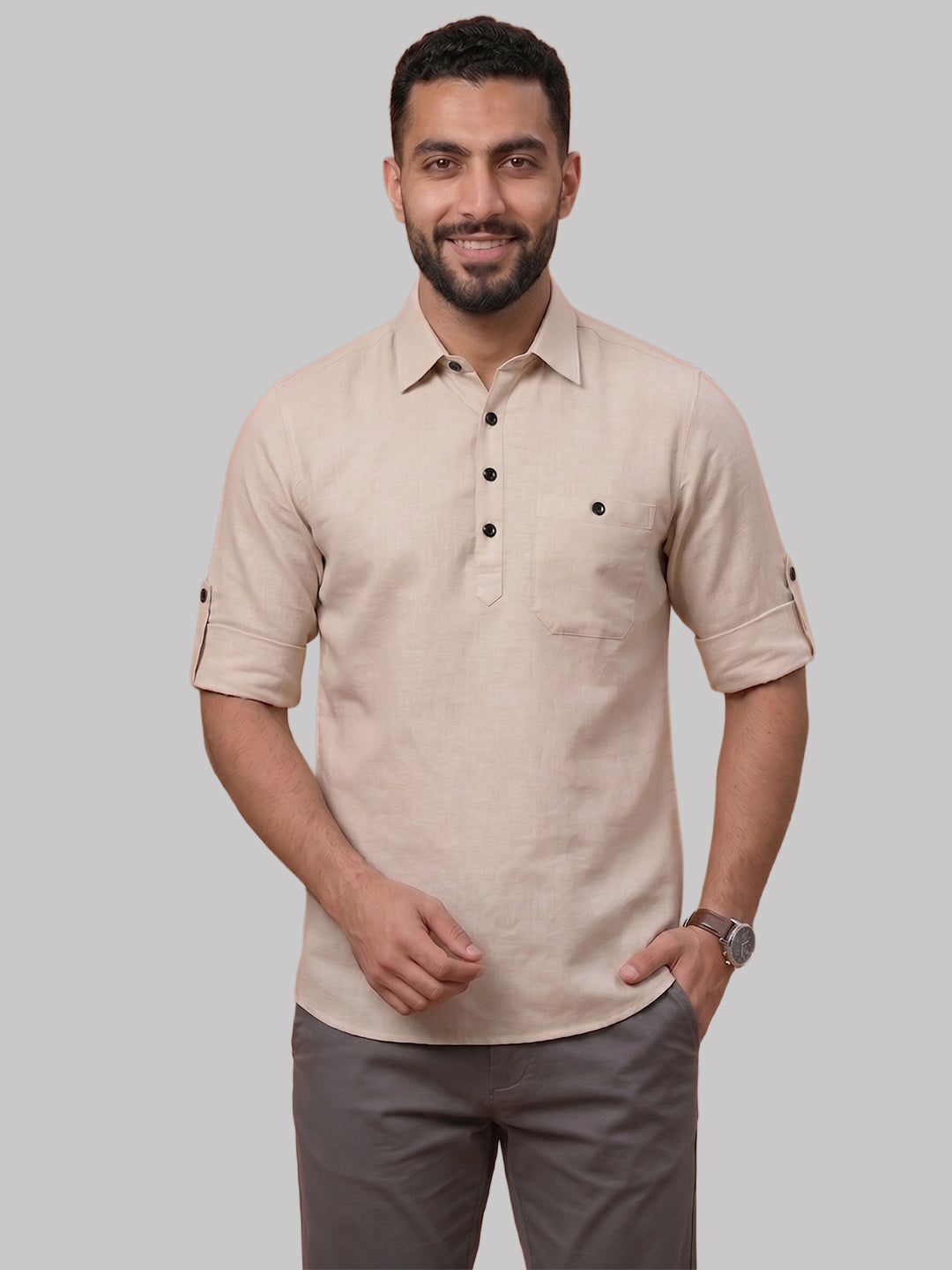 RAY LIGHT Men's Essential Solid Cotton Short Kurta – Black with Roll-Up Sleeves