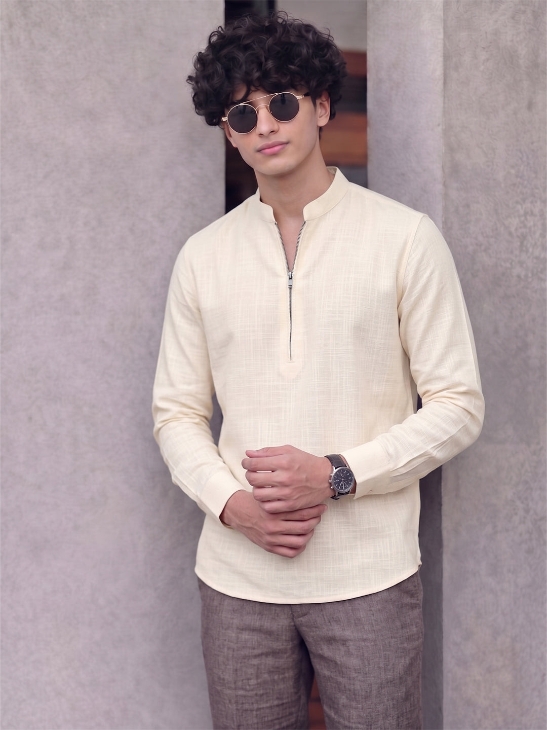 RAY LIGHT Men's Modern Zip-Neck Solid Cotton Short Kurta – Rust Brown