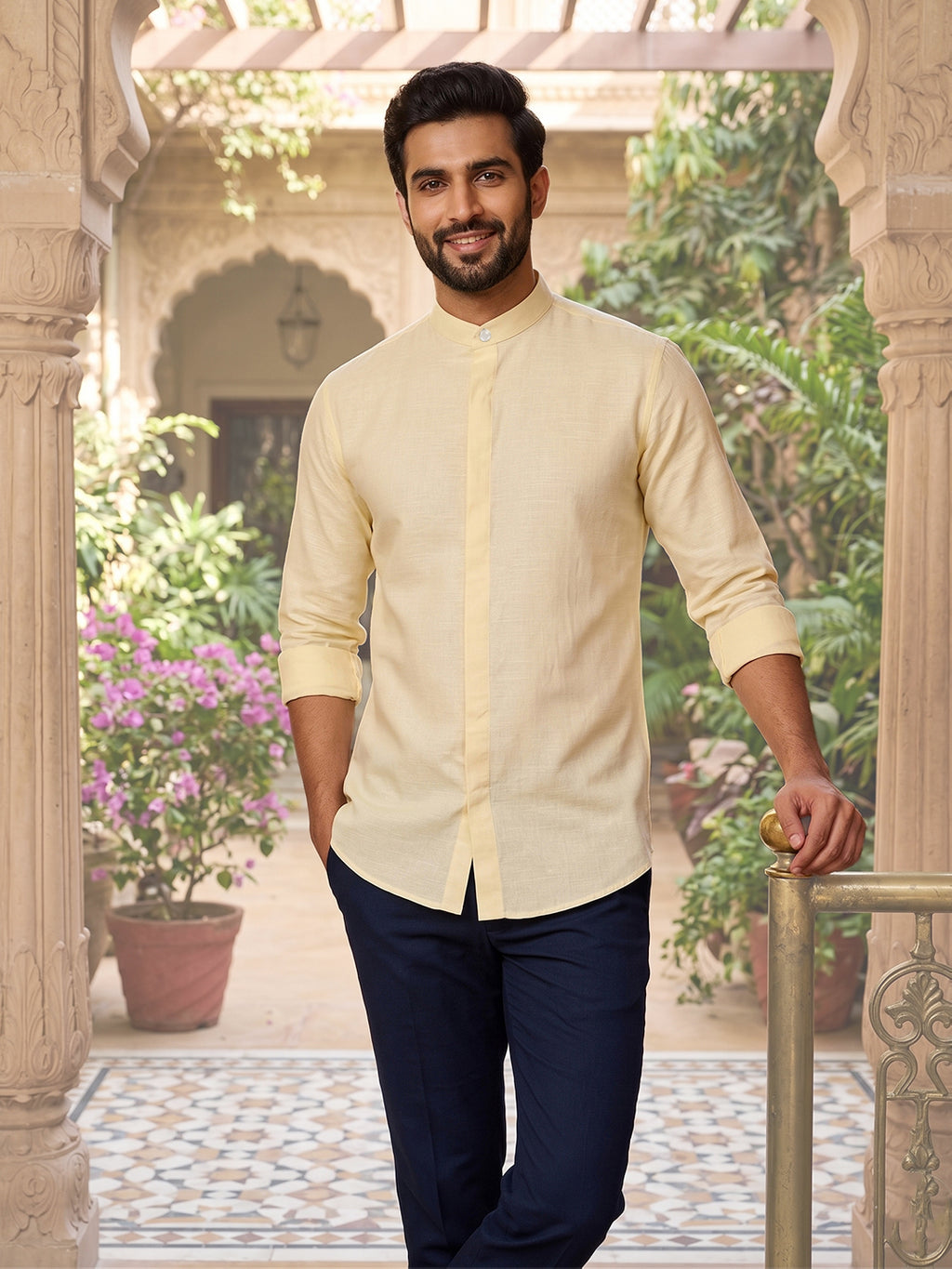RAY LIGHT Men's Minimalist Solid Cotton Blend Shirt – Light Beige with Hidden Placket