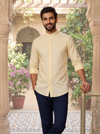 RAY LIGHT Men's Minimalist Solid Cotton Blend Shirt – Light Beige with Hidden Placket