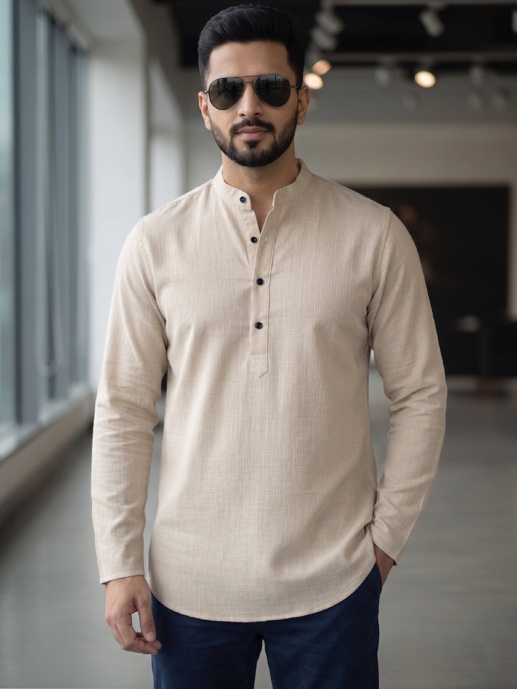 RAY LIGHT Men's Essential Solid Cotton Short Kurta – Sand Beige with Cuffless Sleeves