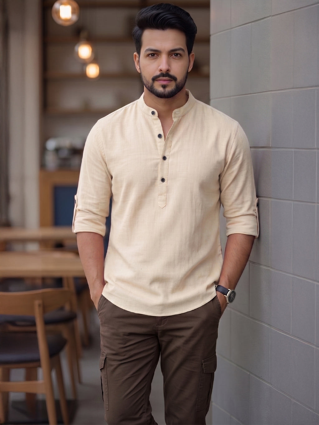 Men's Signature 100% Cotton Short Kurta | Mandarin Collar | RAY LIGHT