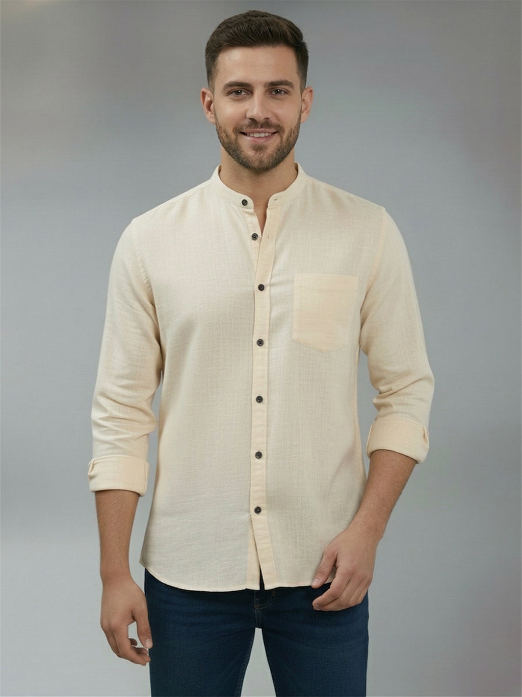 RAY LIGHT Men's Modern Solid Casual Shirt – Chinese Collar with Chest Pocket