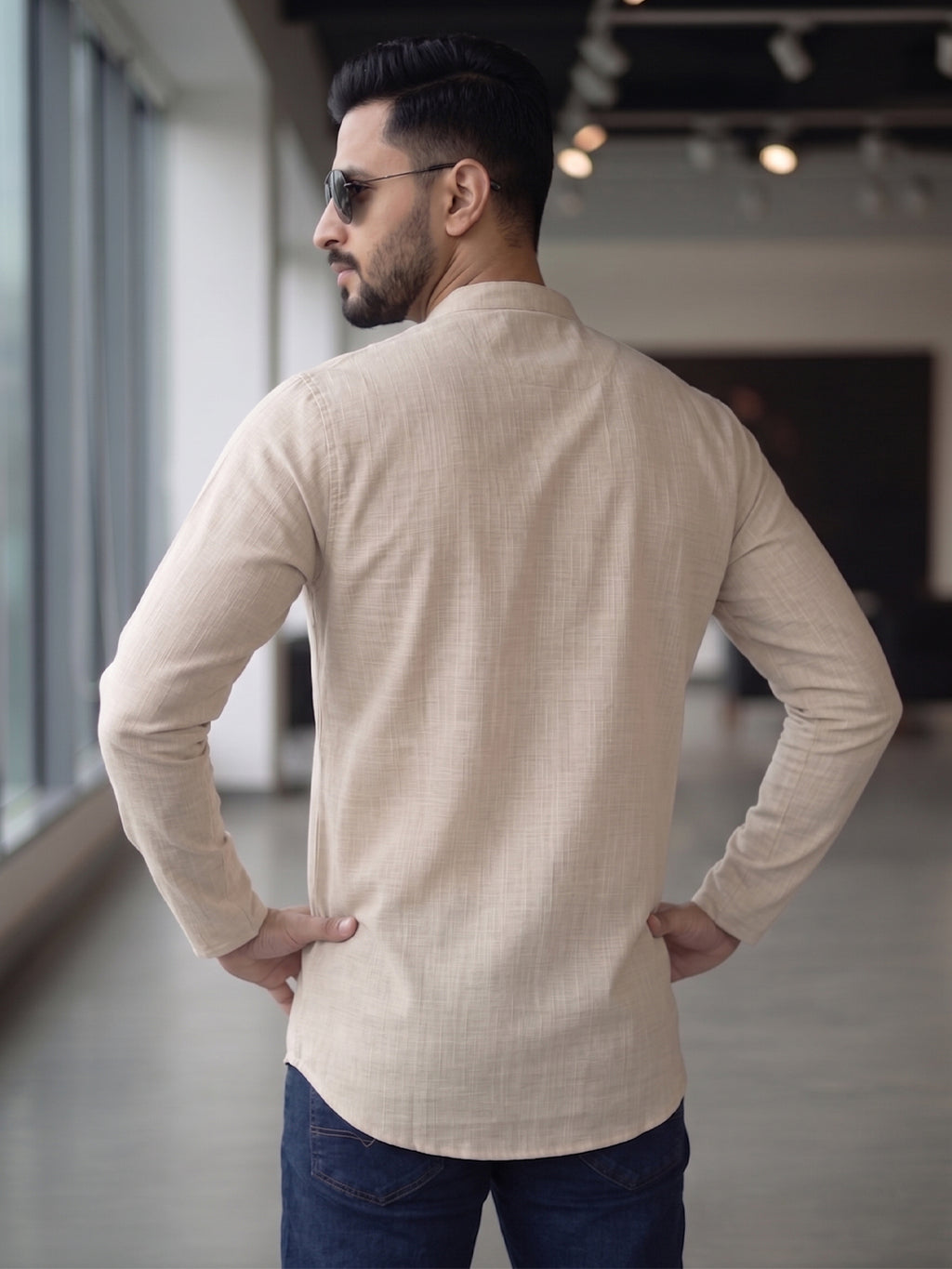 RAY LIGHT Men's Essential Solid Cotton Short Kurta – Sand Beige with Cuffless Sleeves