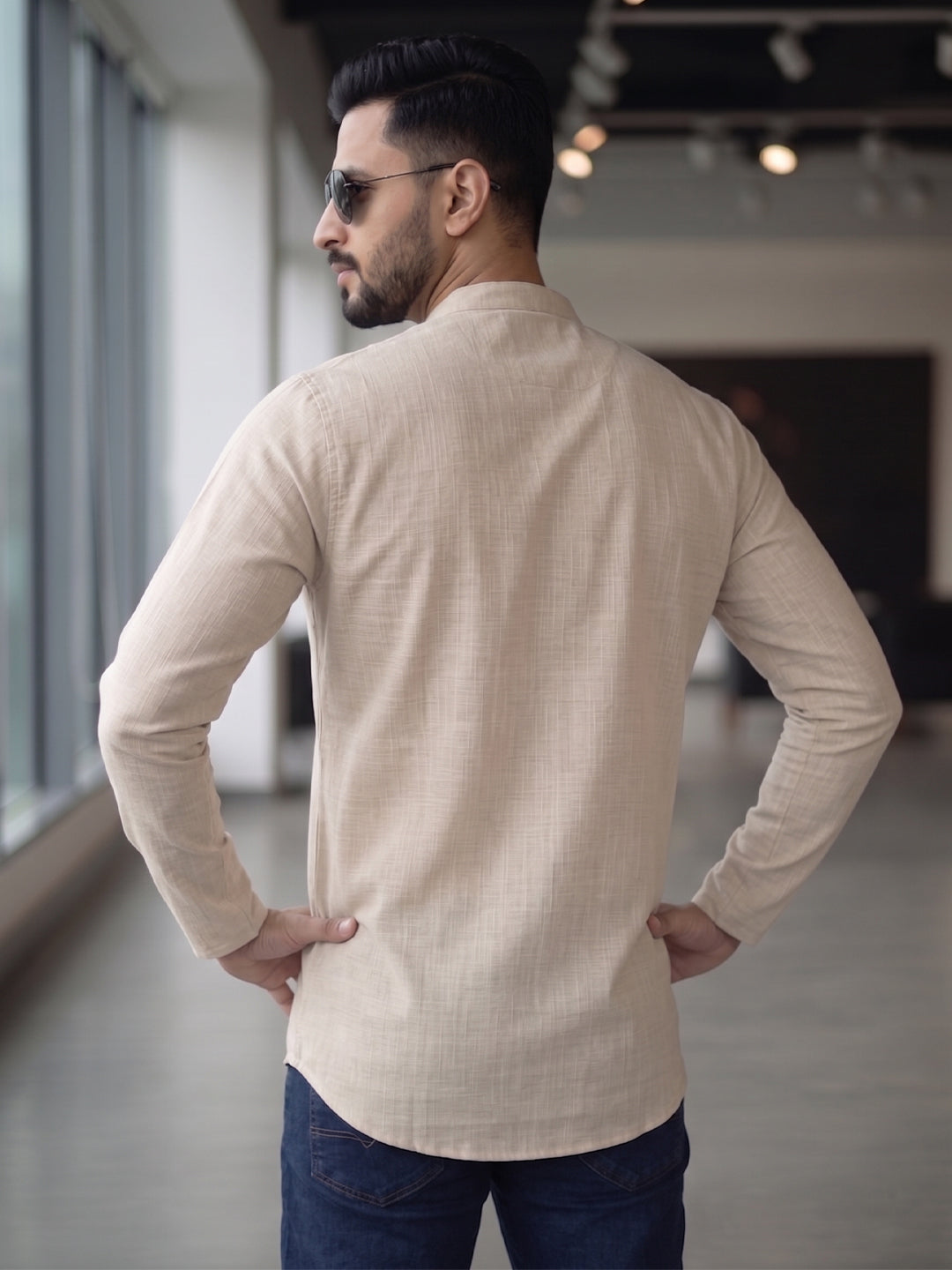RAY LIGHT Men's Essential Solid Cotton Short Kurta – Sand Beige with Cuffless Sleeves