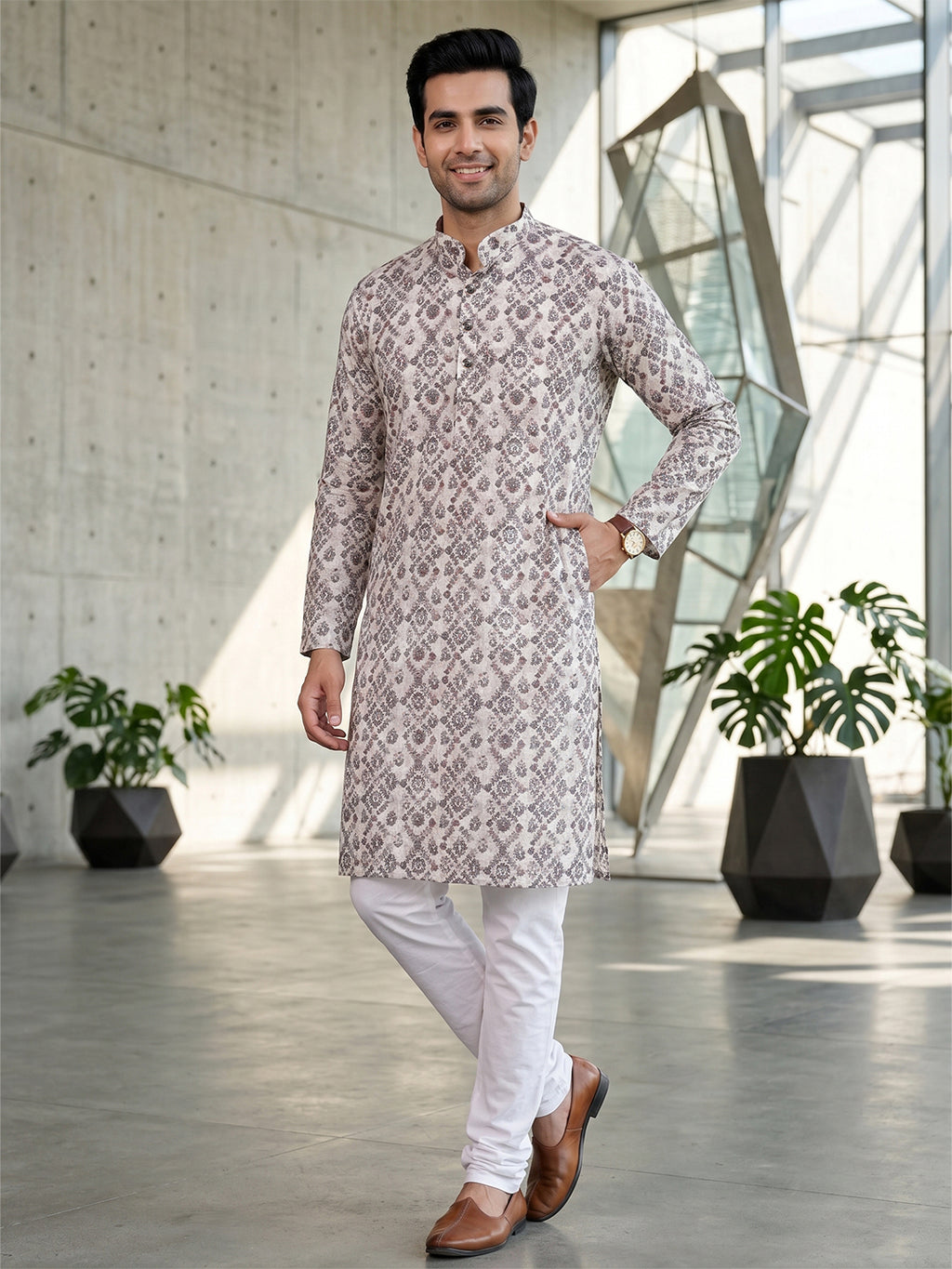 RAY LIGHT Men's Premium Crochet Fabric Geometric Long Kurta – Aqua Mint