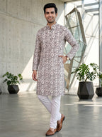 RAY LIGHT Men's Premium Crochet Fabric Geometric Long Kurta – Aqua Mint