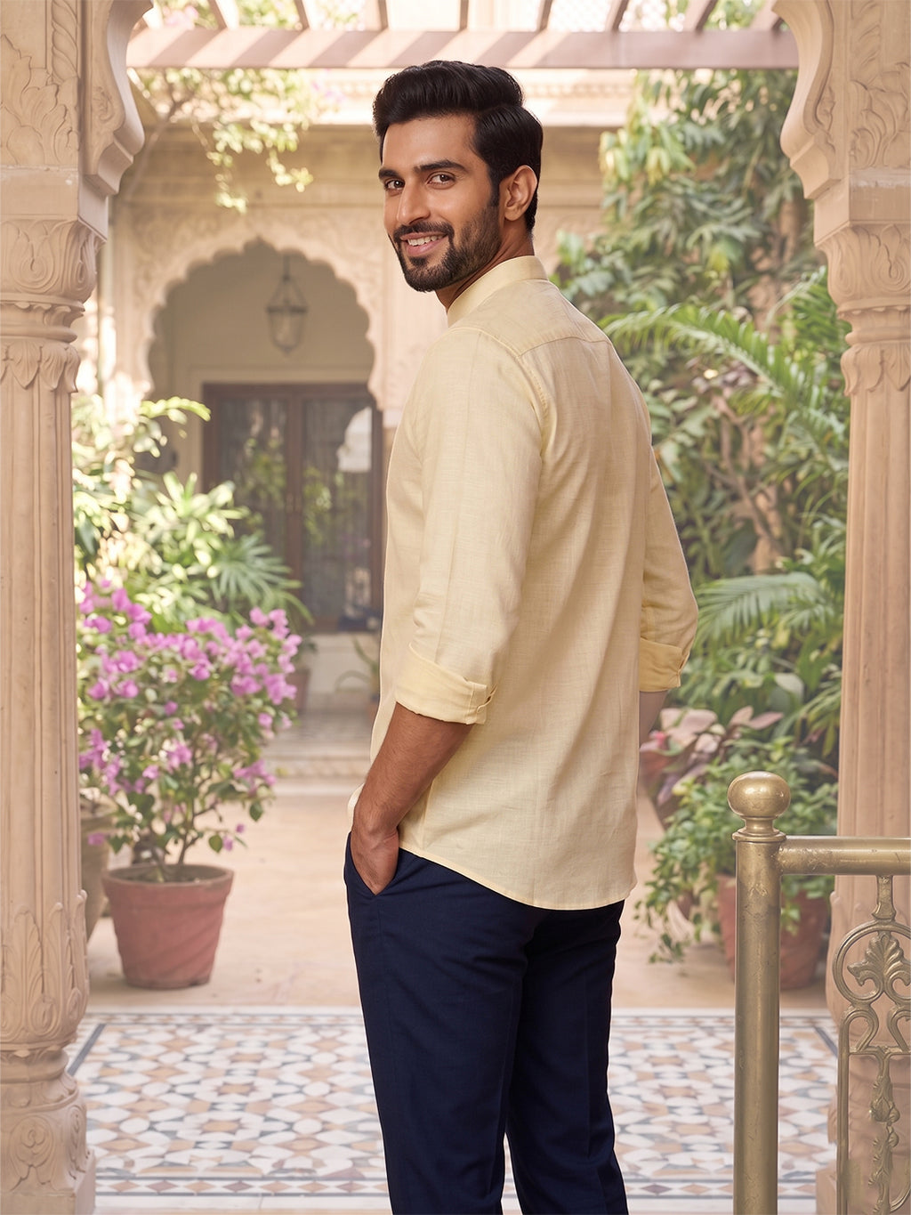 RAY LIGHT Men's Minimalist Solid Cotton Blend Shirt – Light Beige with Hidden Placket