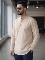 RAY LIGHT Men's Essential Solid Cotton Short Kurta – Sand Beige with Cuffless Sleeves