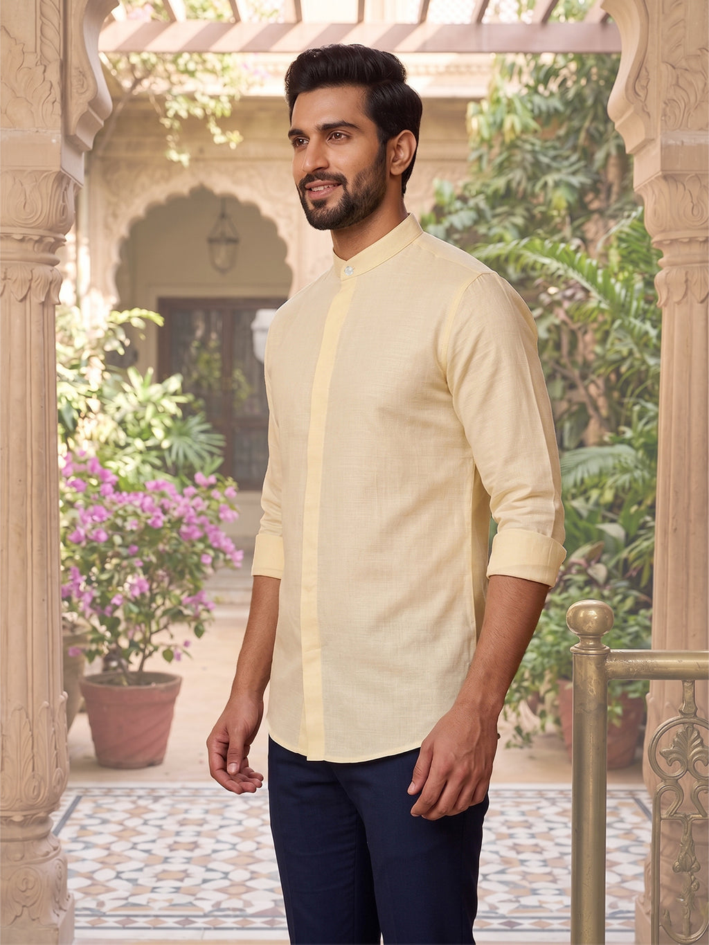 RAY LIGHT Men's Minimalist Solid Cotton Blend Shirt – Light Beige with Hidden Placket
