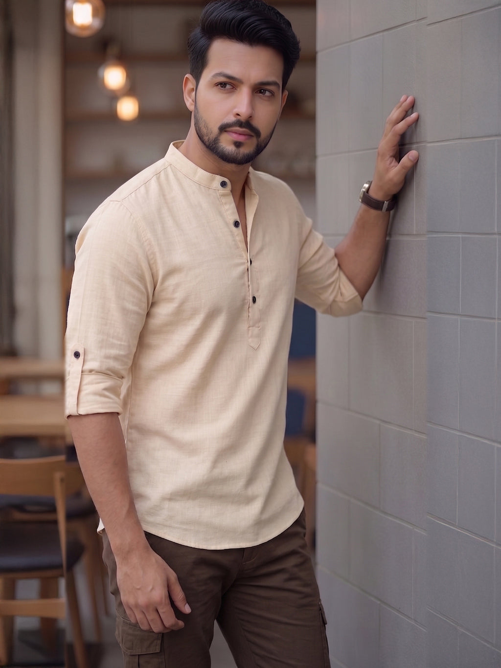 Men's Signature 100% Cotton Short Kurta | Mandarin Collar | RAY LIGHT