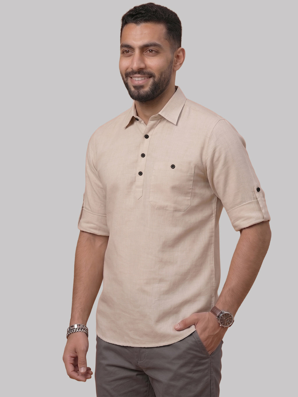 RAY LIGHT Men's Essential Solid Cotton Short Kurta – Black with Roll-Up Sleeves