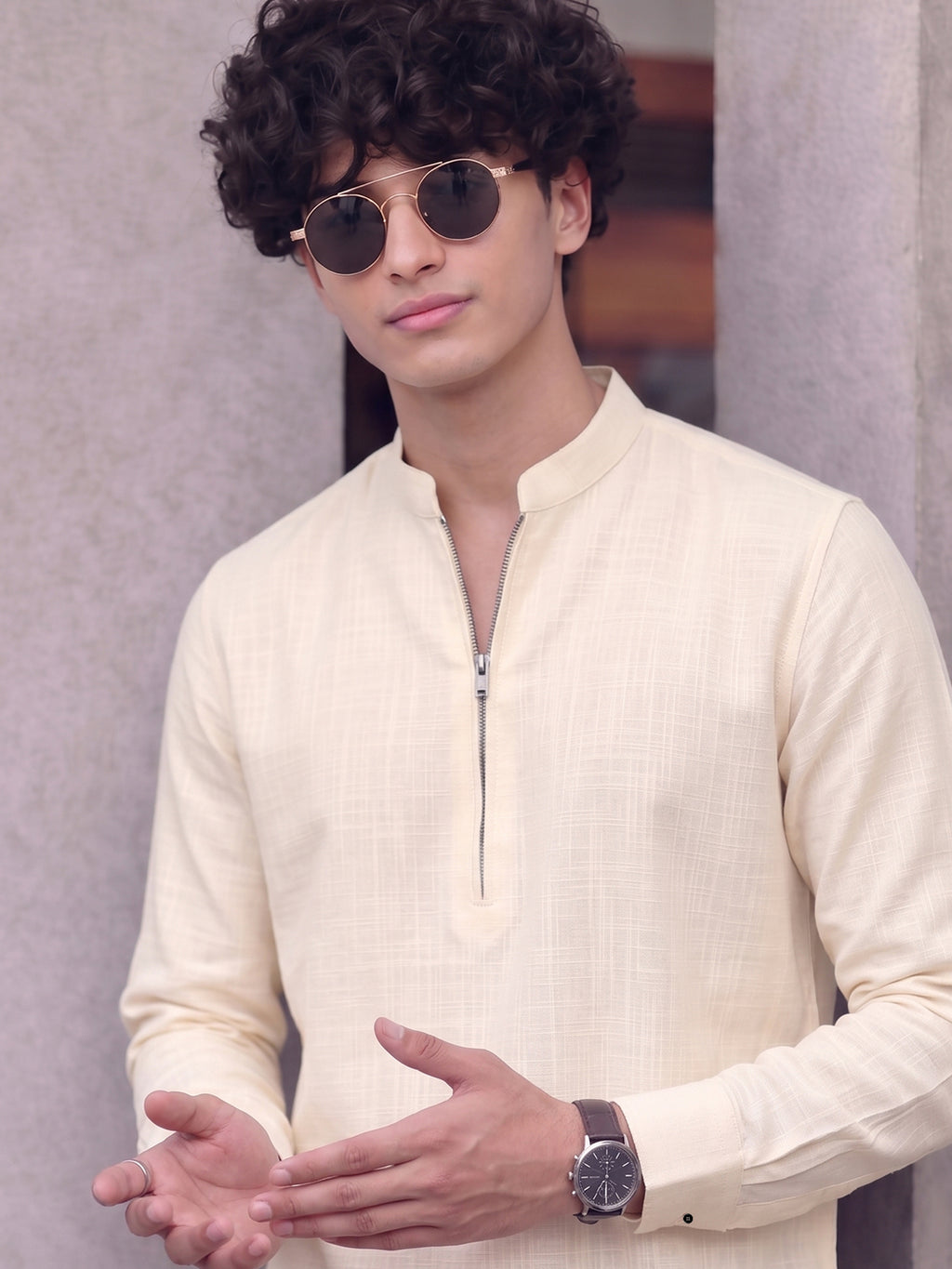 RAY LIGHT Men's Modern Zip-Neck Solid Cotton Short Kurta – Rust Brown