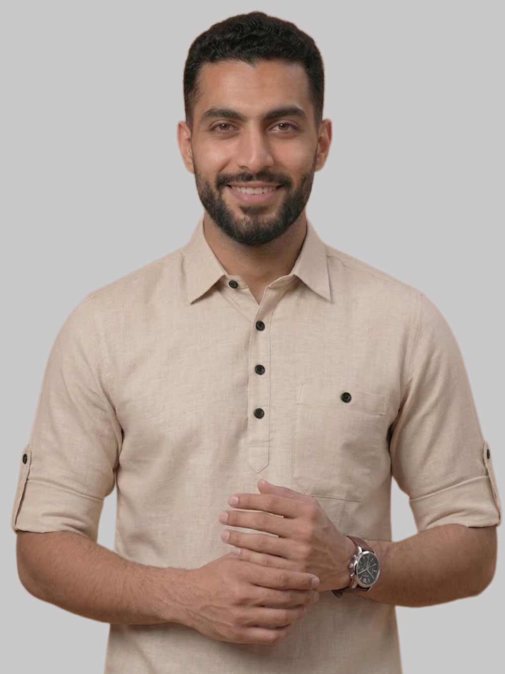 RAY LIGHT Men's Essential Solid Cotton Short Kurta – Black with Roll-Up Sleeves