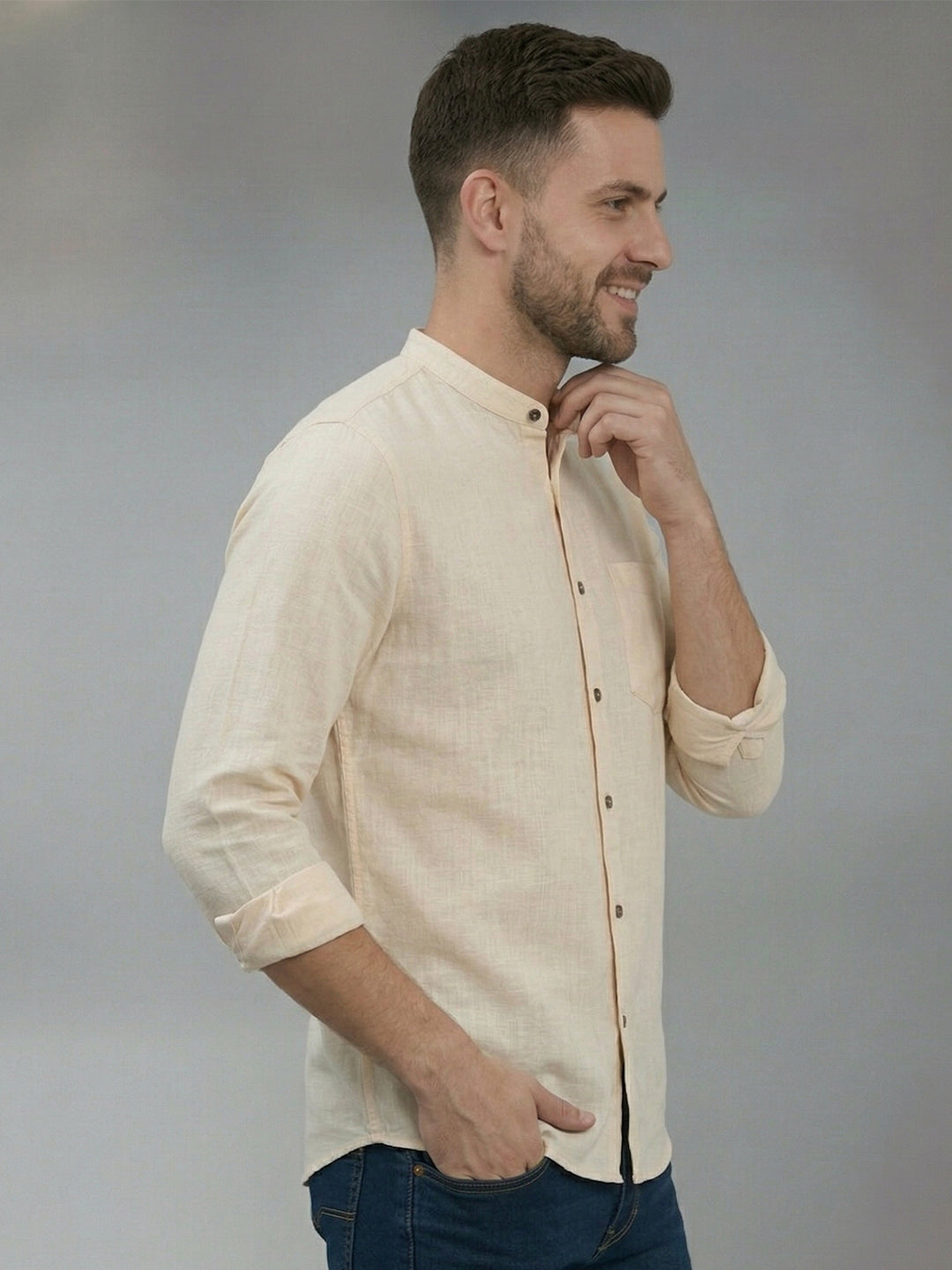 RAY LIGHT Men's Modern Solid Casual Shirt – Chinese Collar with Chest Pocket