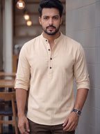 Men's Signature 100% Cotton Short Kurta | Mandarin Collar | RAY LIGHT