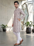 RAY LIGHT Men's Premium Crochet Fabric Geometric Long Kurta – Aqua Mint