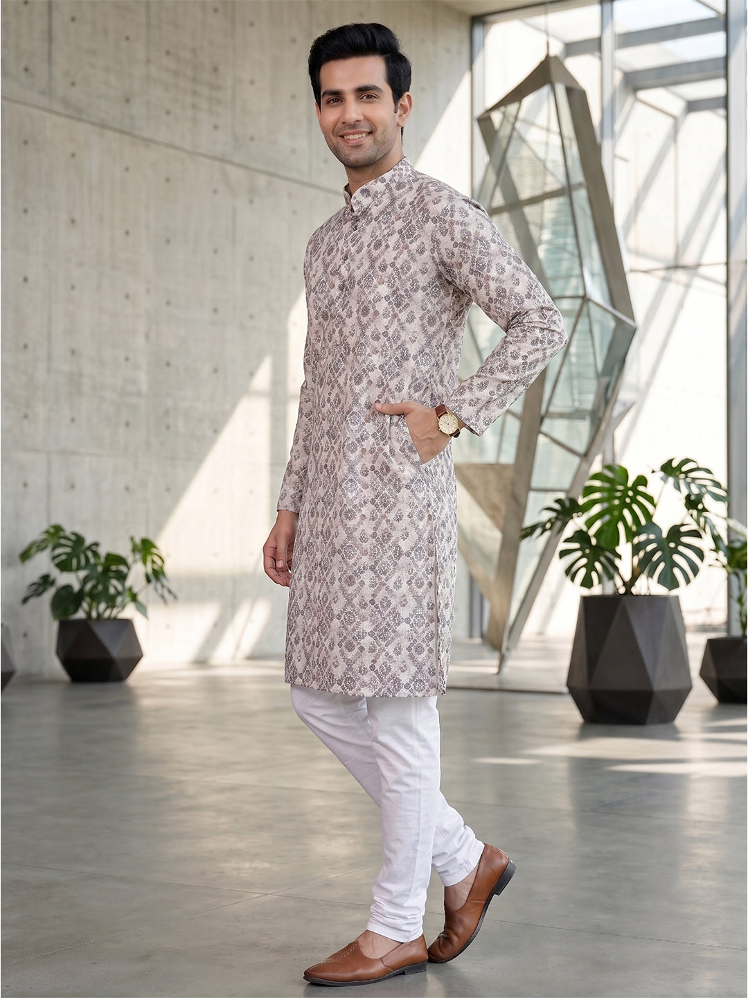 RAY LIGHT Men's Premium Crochet Fabric Geometric Long Kurta – Aqua Mint