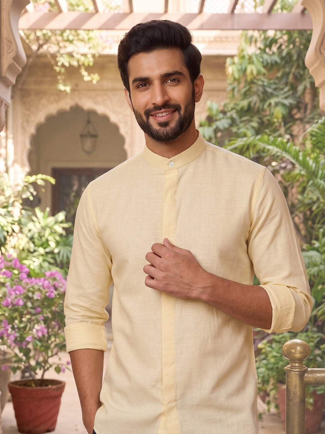 RAY LIGHT Men's Minimalist Solid Cotton Blend Shirt – Light Beige with Hidden Placket