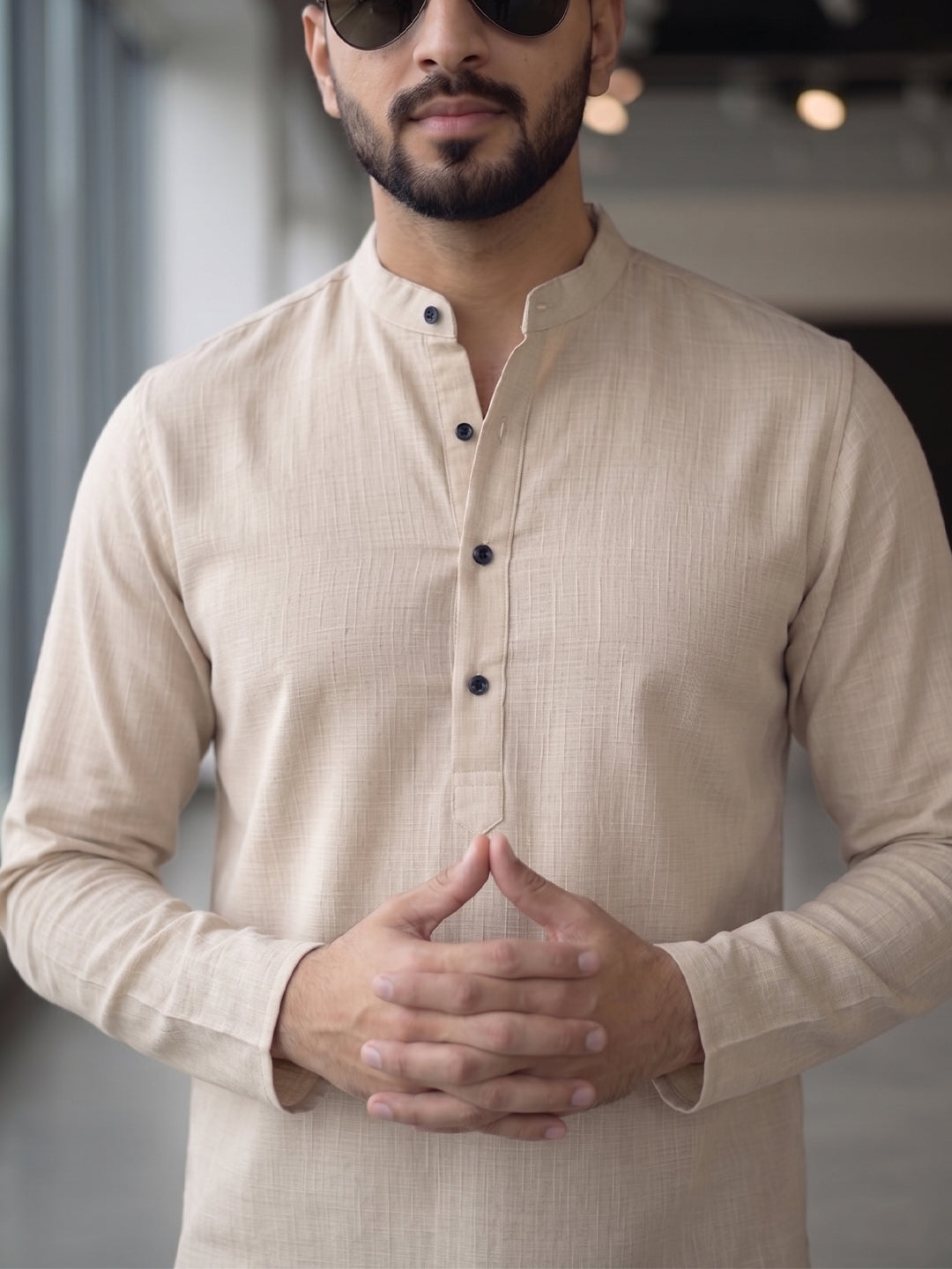 RAY LIGHT Men's Essential Solid Cotton Short Kurta – Sand Beige with Cuffless Sleeves