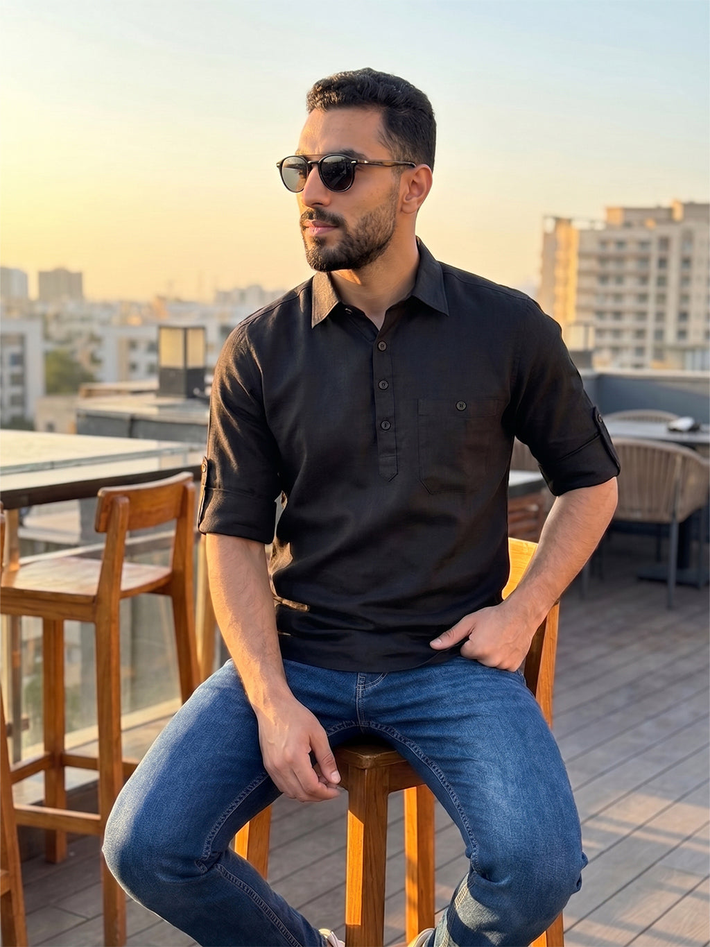 RAY LIGHT Men's Essential Solid Cotton Short Kurta – Black with Roll-Up Sleeves