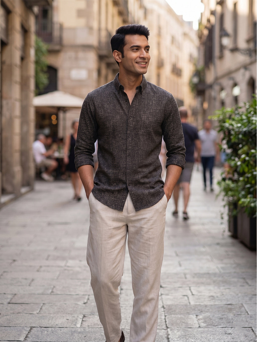 RAY LIGHT Men's Textured Print Poplin Casual Shirt – Dark Green
