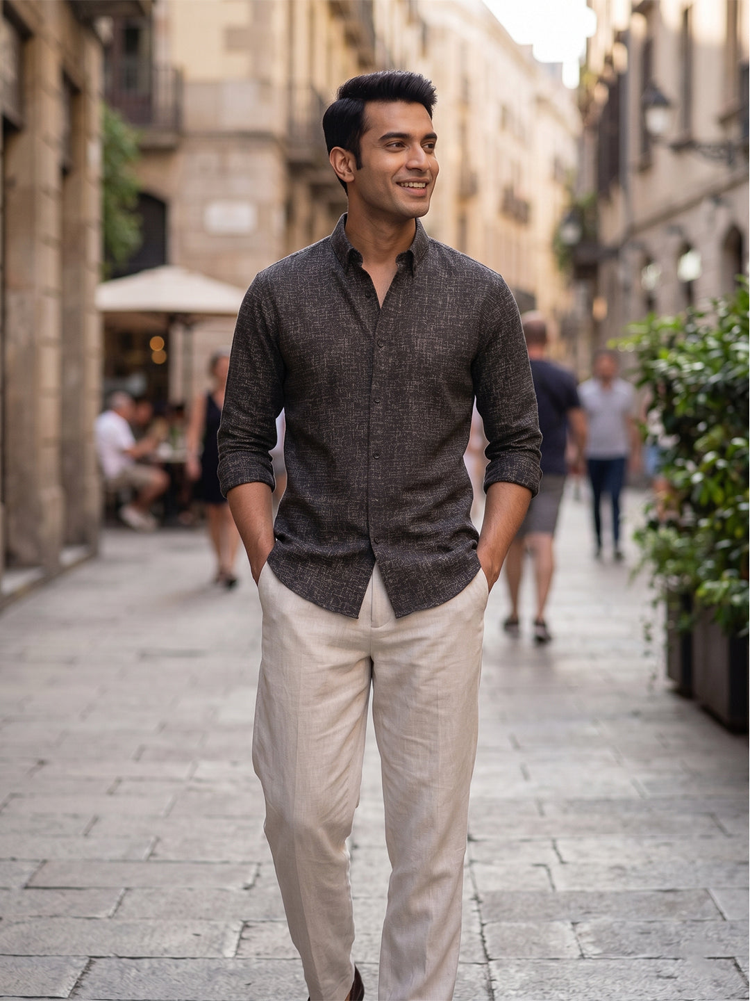 RAY LIGHT Men's Textured Print Poplin Casual Shirt – Dark Green