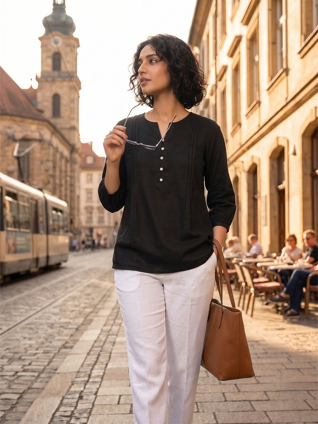 Ray Light Women’s Viscose Casual Button-Front Top – Black, Full Sleeves with Pleated Front Detail Main image