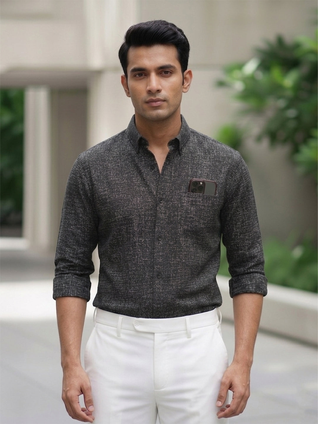 RAY LIGHT Men's Textured Print Poplin Casual Shirt – Dark Green