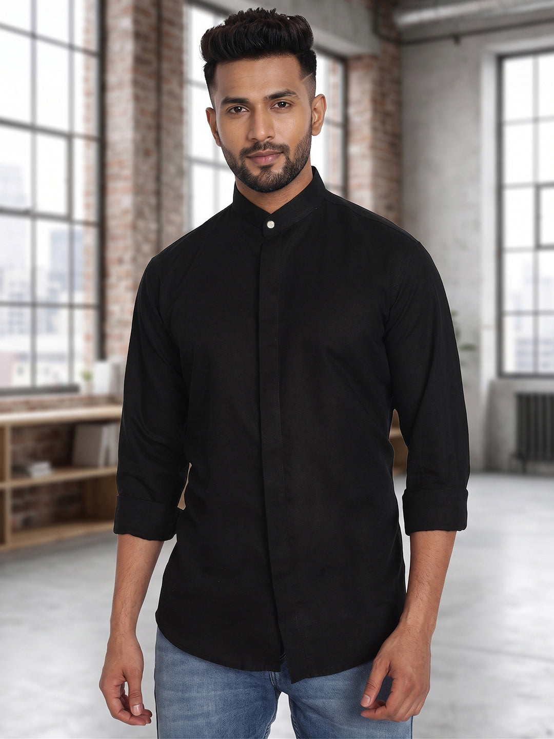 RAY LIGHT Men's Minimalist Solid Cotton Blend Shirt – Light Beige with Hidden Placket