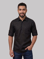 RAY LIGHT Men's Essential Solid Cotton Short Kurta – Black with Roll-Up Sleeves