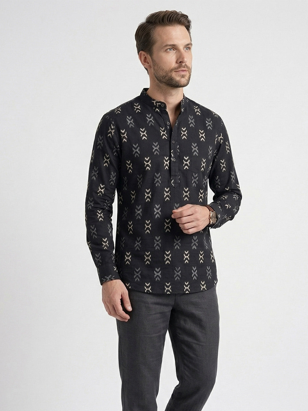 RAY LIGHT Men's Geometric Tribal Print Cotton Short Kurta – Black Secondary image