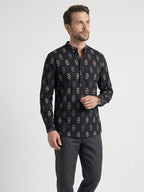 RAY LIGHT Men's Geometric Tribal Print Cotton Short Kurta – Black