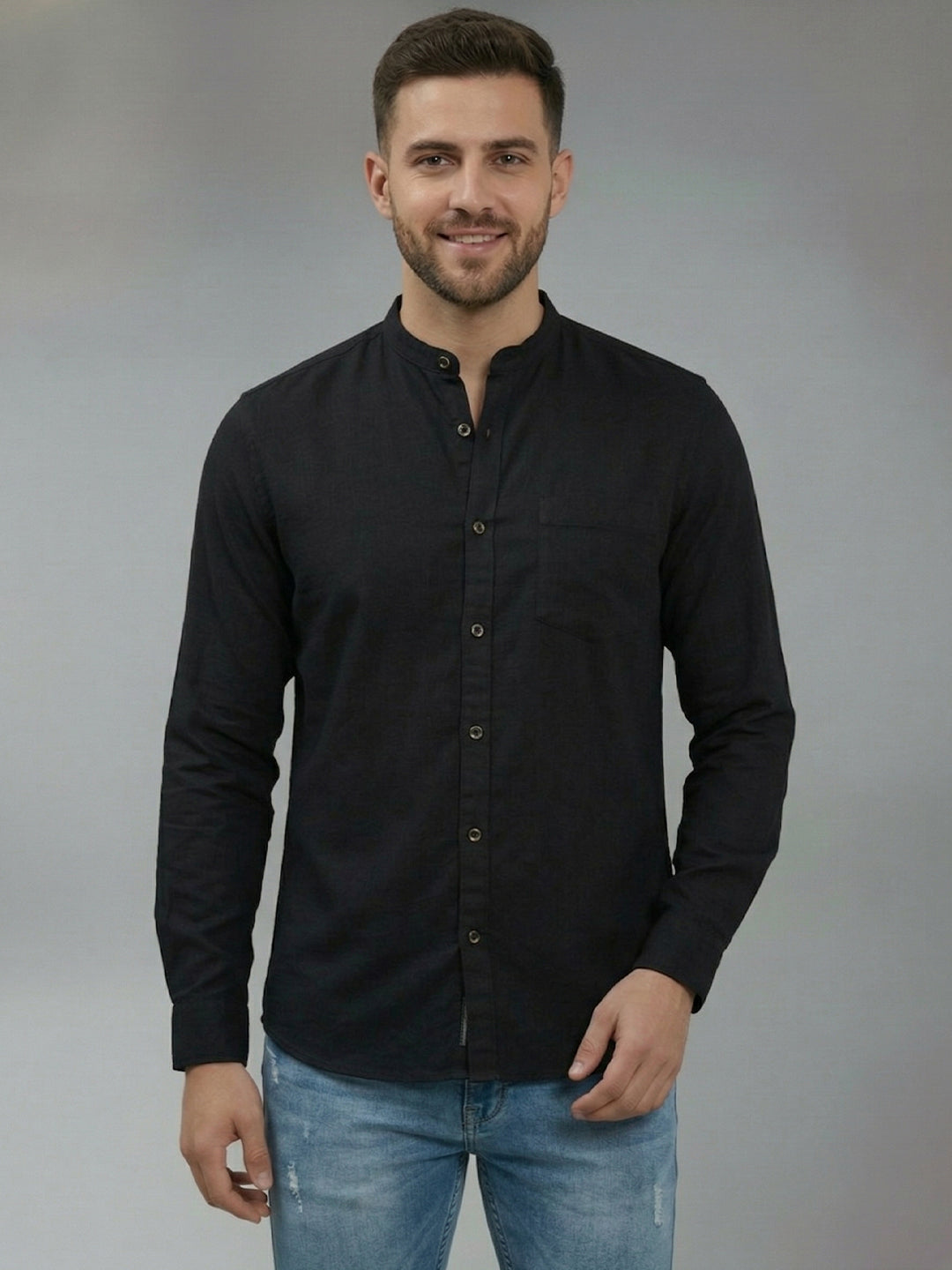 RAY LIGHT Men's Modern Solid Casual Shirt – Chinese Collar with Chest Pocket
